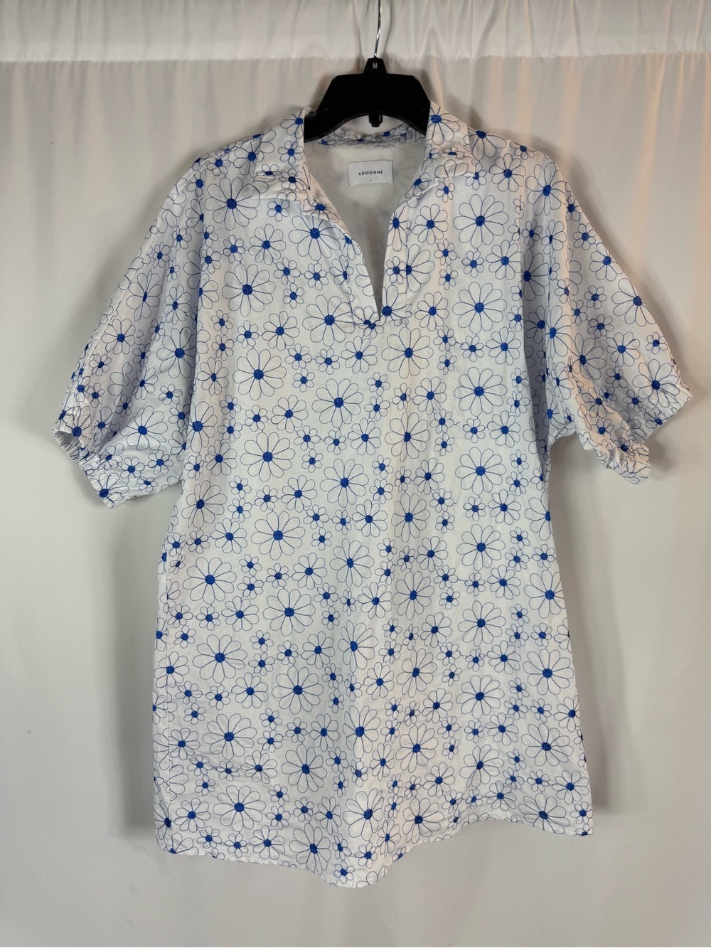 Adrienne  White Mini Dress with Blue Daisy Print Size:L cotton